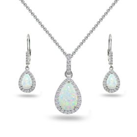 Teardrop Simulated White Opal & Topaz Necklace & Leverback Earrings in Silver